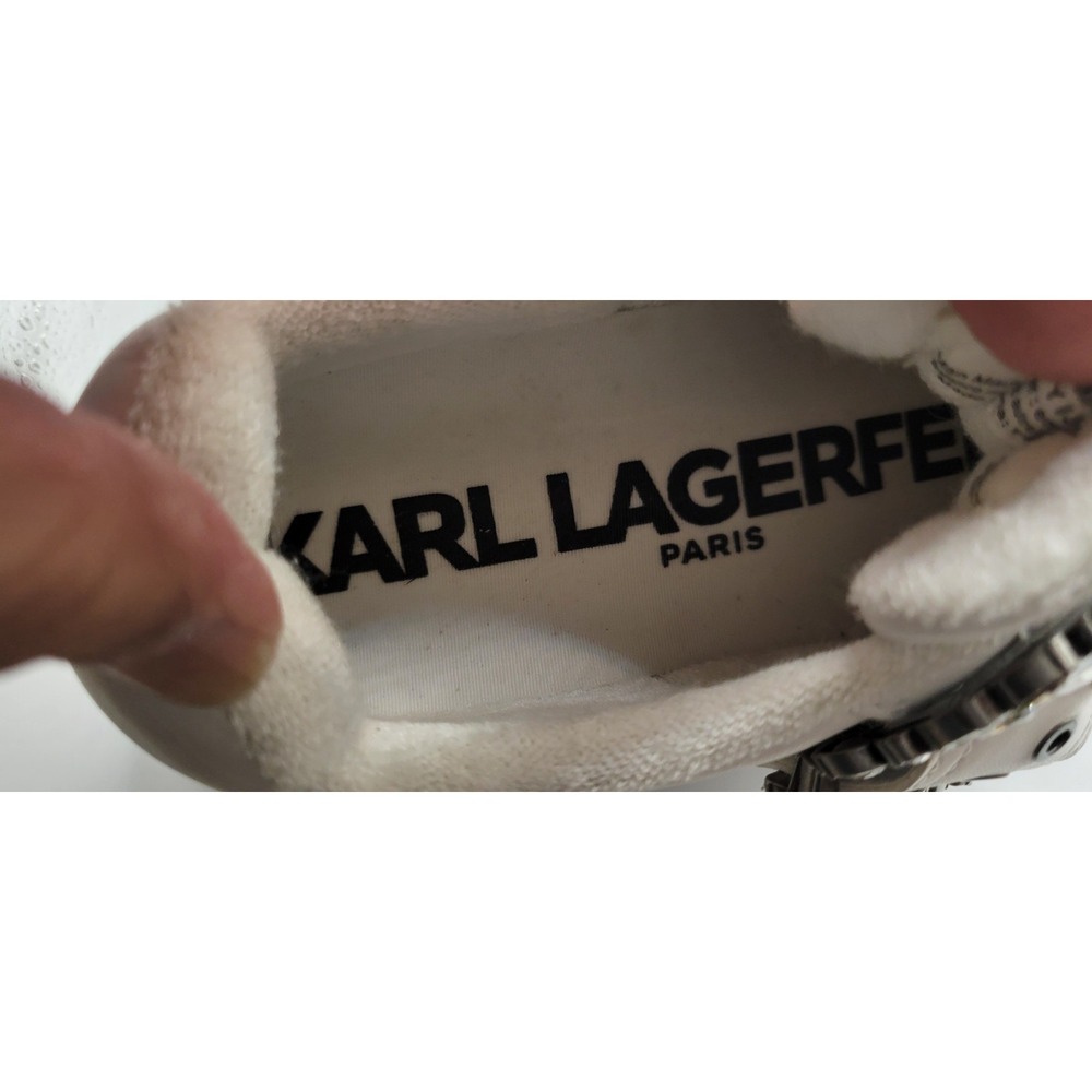 White Leather With Crystal Trim Buckle Karl Lagerfeld Platform Sneakers Size 6.5 - Picture 5 of 8